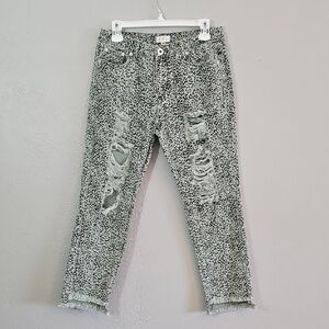 POL Cheetah Print Distressed Ankle Jeans, Mint Green and Black, Womens Medium